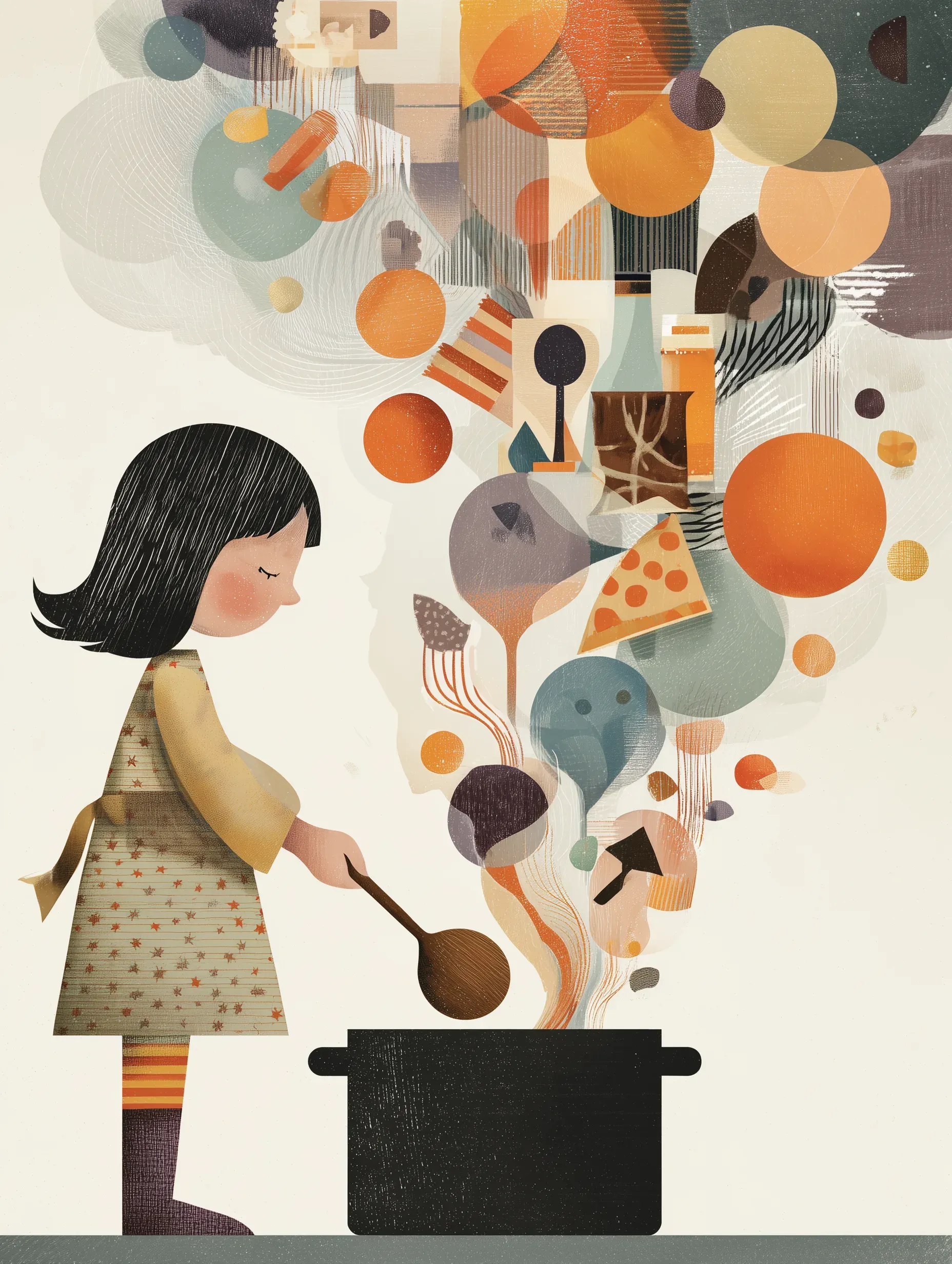 Illustration of a girl stirring a big pot as food and shapes swirl up out of it