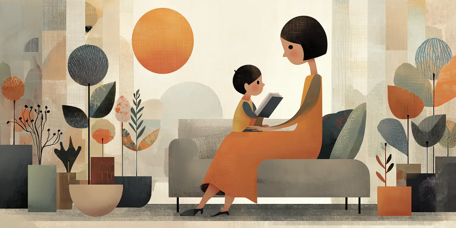 Illustration of a woman reading a book with a child on a sofa